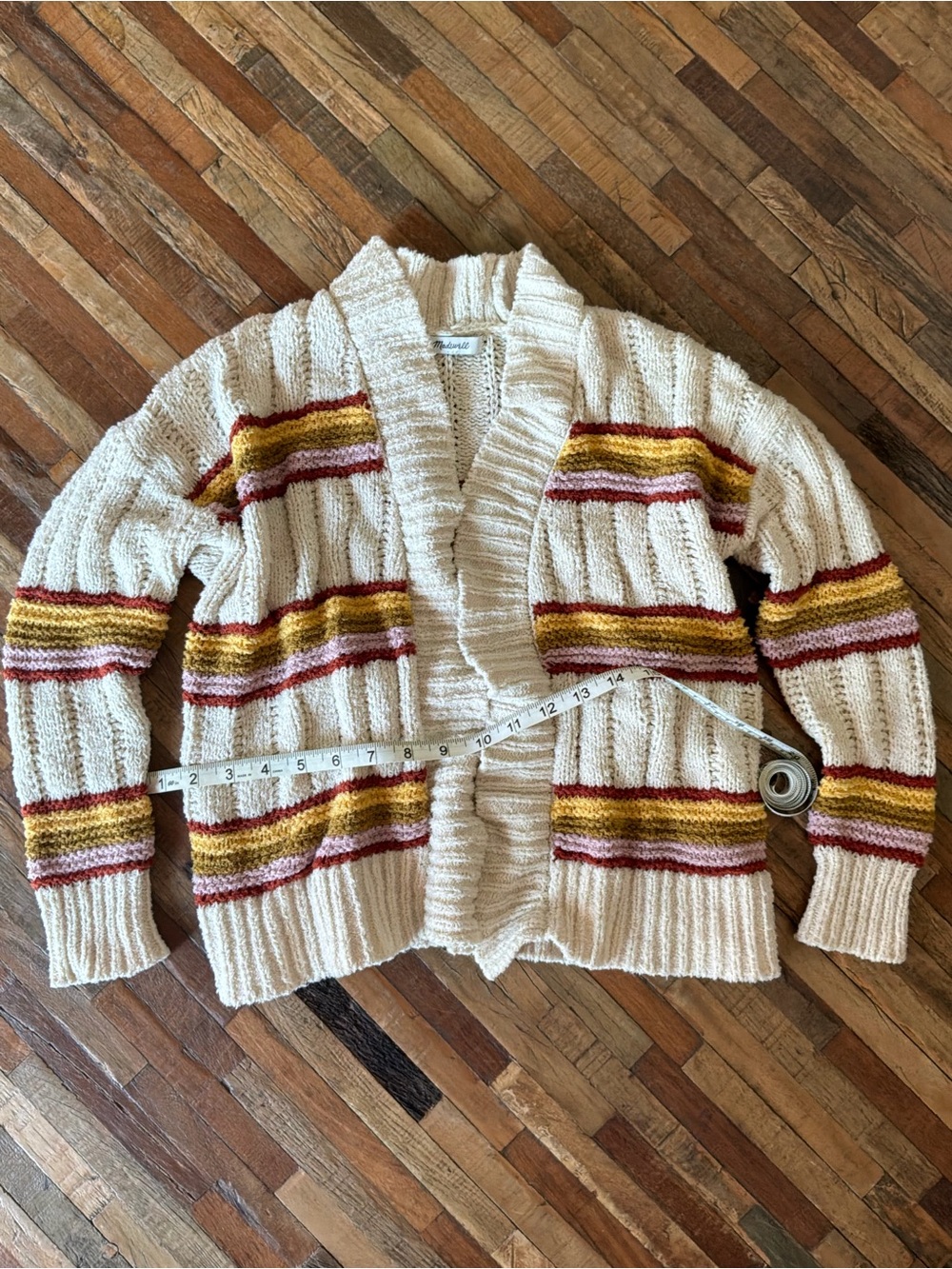 Madewell Cream Open-Front Cardigan with Mustard & Burgundy Stripes